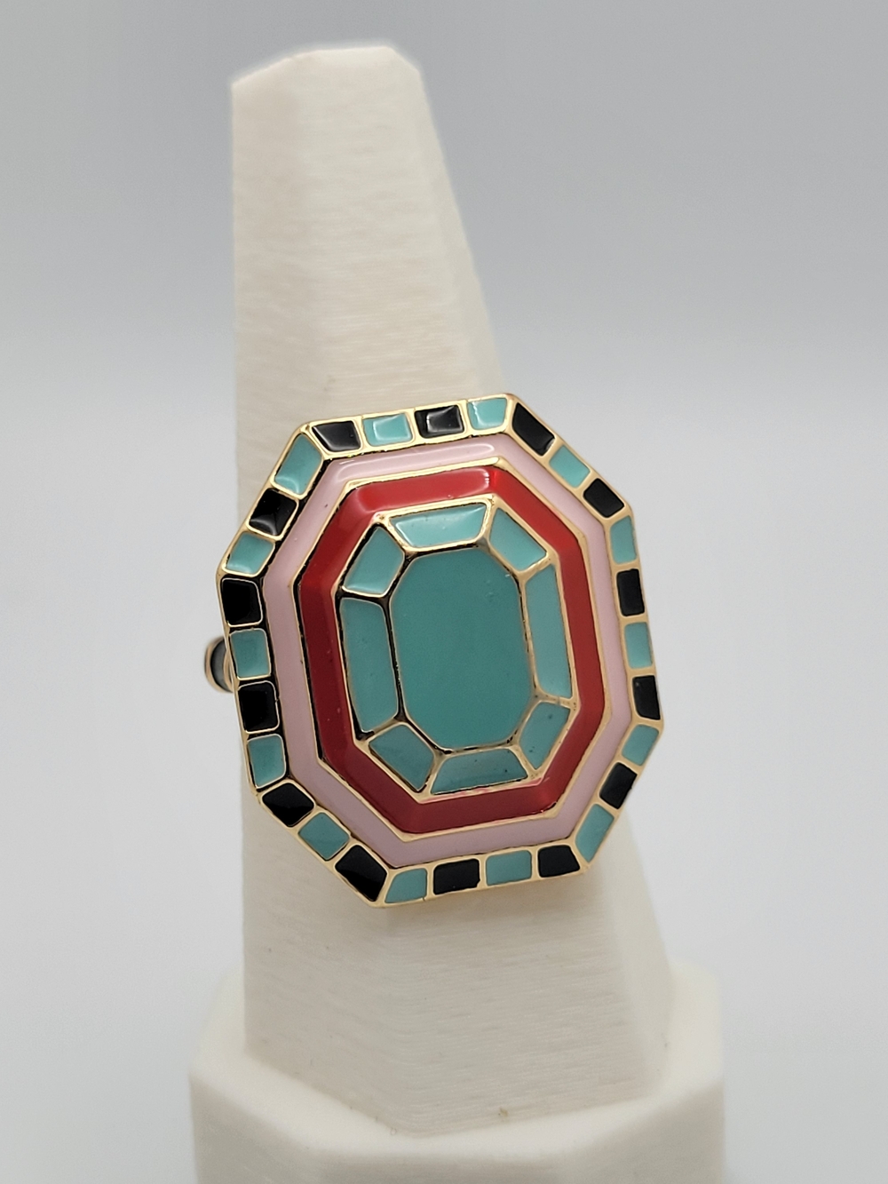 Gold-Tone Enamel Octagon Statement Ring - Turquoise, Pink & Red